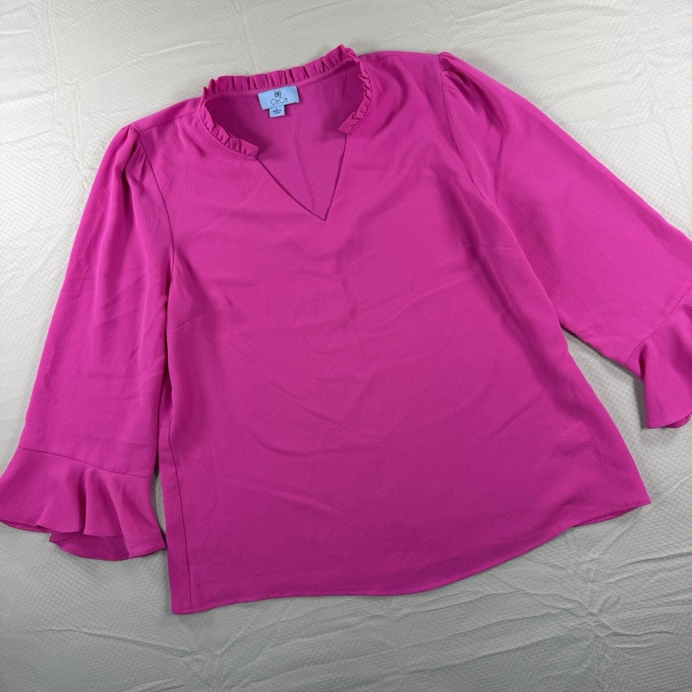 CeCe Women sz Large L Hot Pink Ruffle Split Neck Bell Sleeve Blouse Top